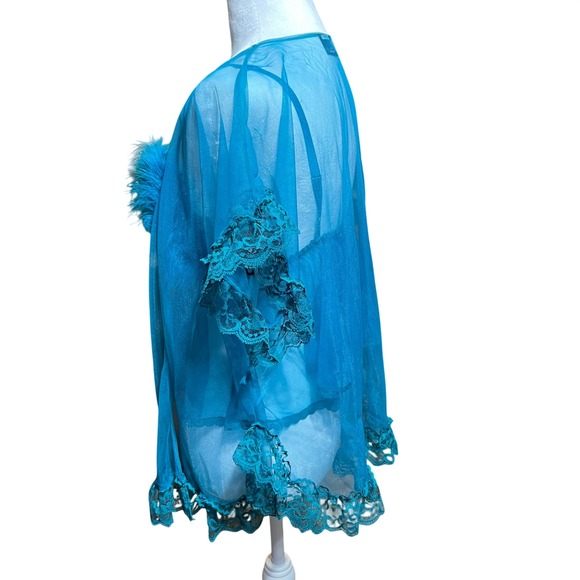 Vintage Frederick's of Hollywood Teal Feather Trim Sheer Babydoll Robe Y2K - Picture 5 of 13